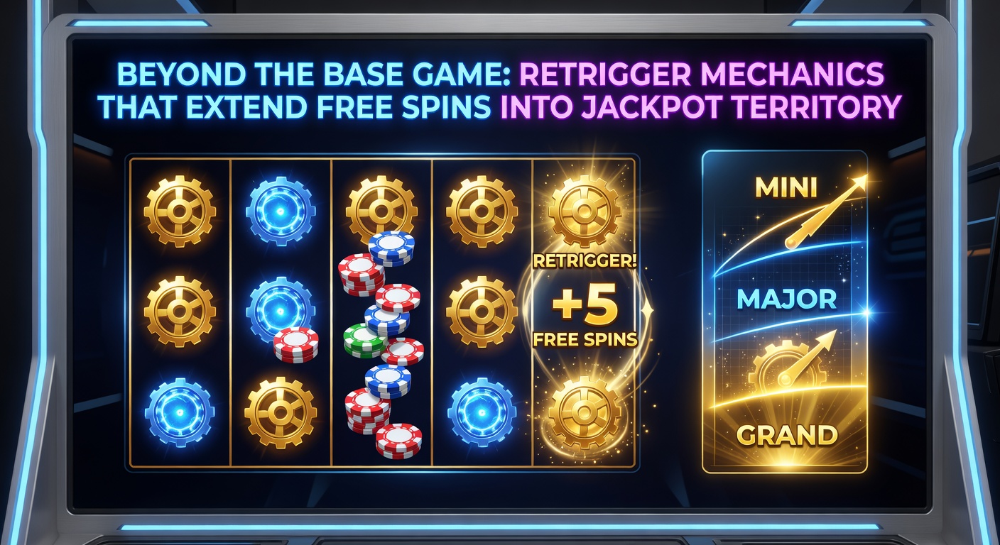 Vibrant slot reels activating a retrigger bonus, with cascading free spins symbols multiplying wins toward a glowing jackpot meter