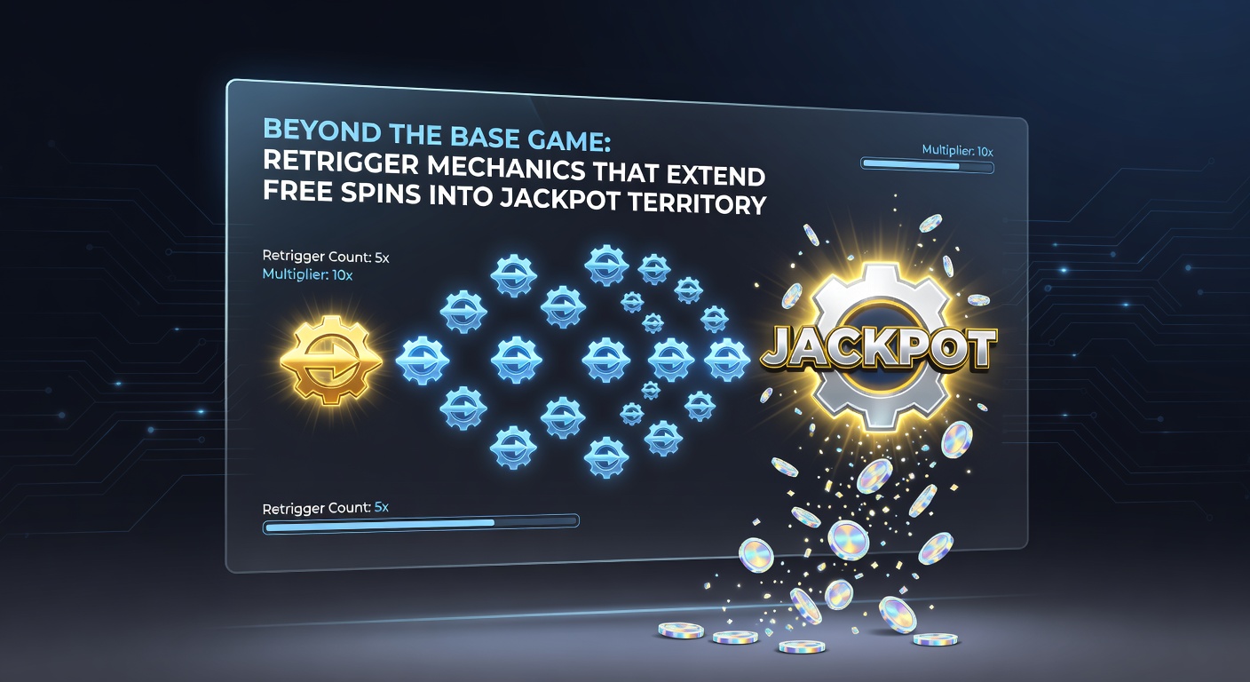 Dynamic slot screen showing a massive retrigger cascade, with free spins counter resetting and jackpot symbols aligning for a huge payout