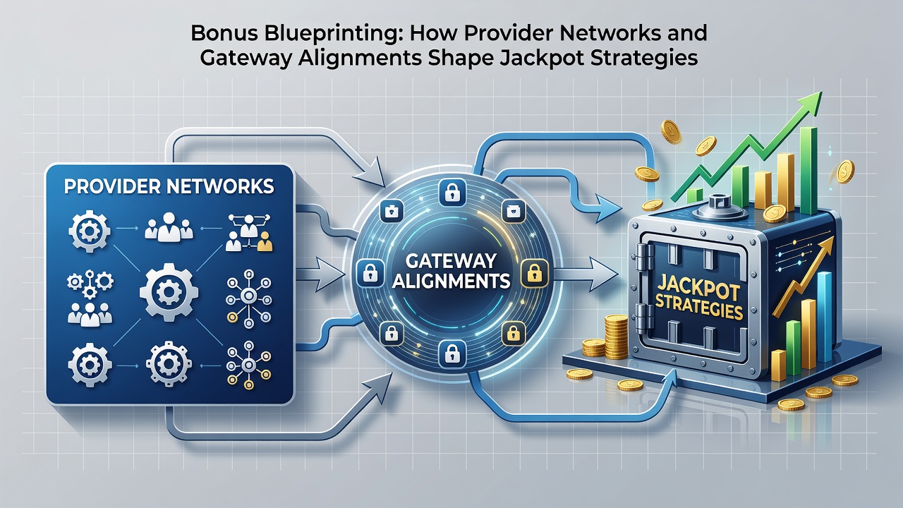 Flowchart of bonus blueprinting process linking providers, gateways, and jackpot outcomes