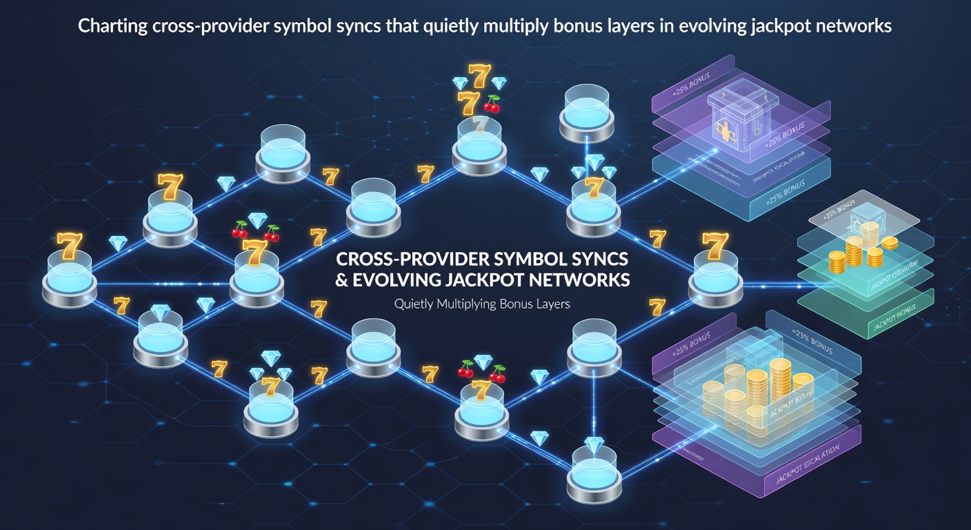 Diagram showing symbol synchronization paths across multiple slot providers in a shared jackpot network