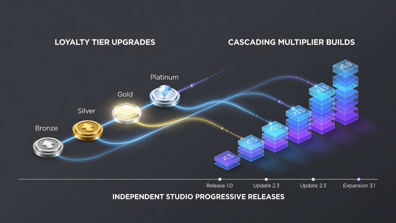 Diagram showing loyalty tier progression aligned with cascading multiplier builds in progressive slot releases