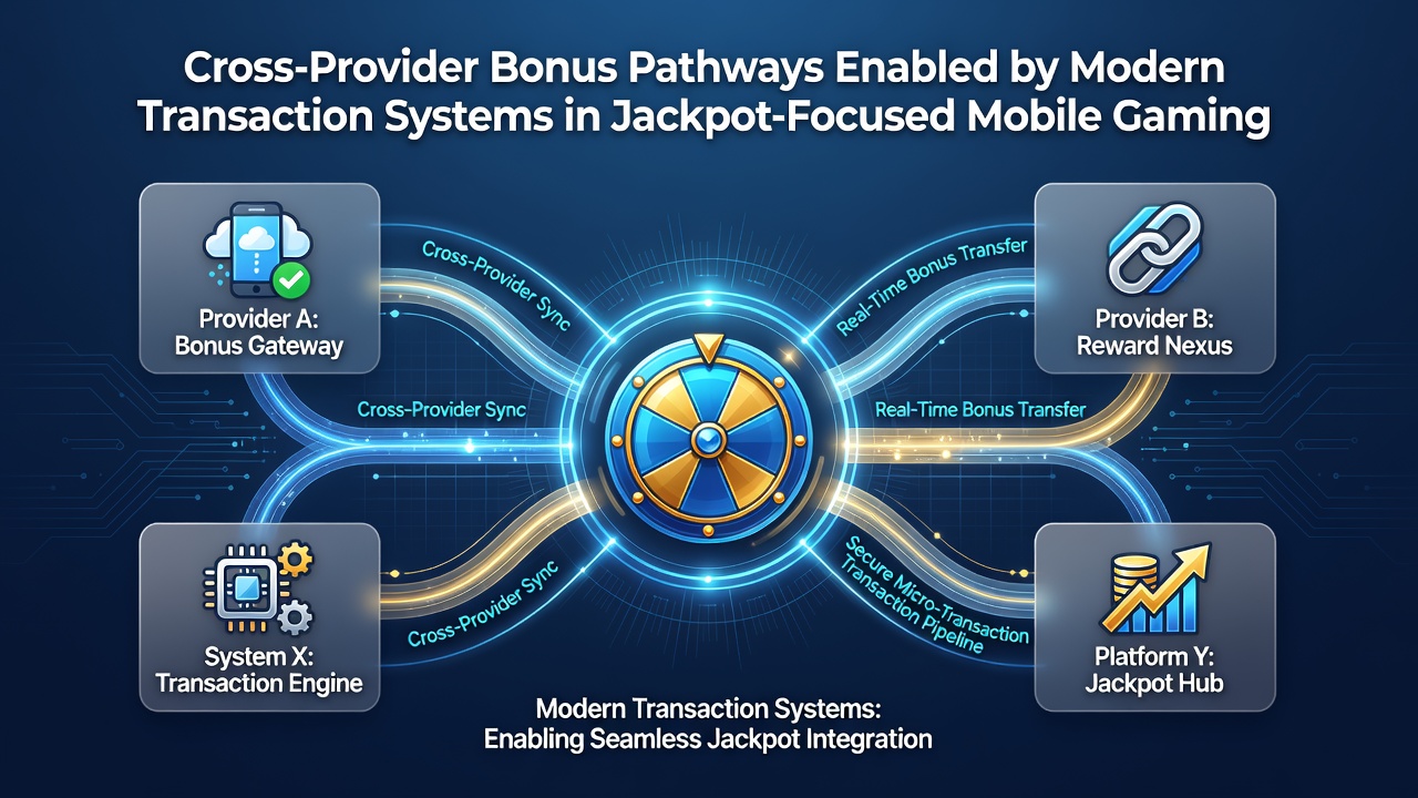 Diagram of transaction flow between payment gateway, multiple slot providers, and shared jackpot pools on mobile devices