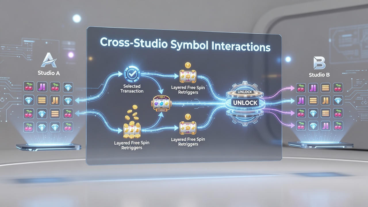 Close-up of mobile slot paytable highlighting cross-studio symbol combinations and retrigger conditions