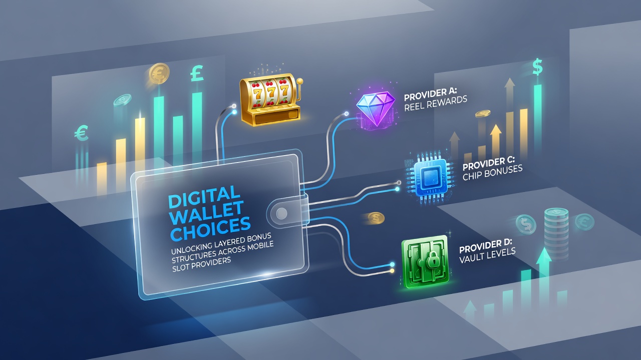Digital wallet interfaces displayed on mobile devices alongside slot game interfaces showing layered bonus indicators
