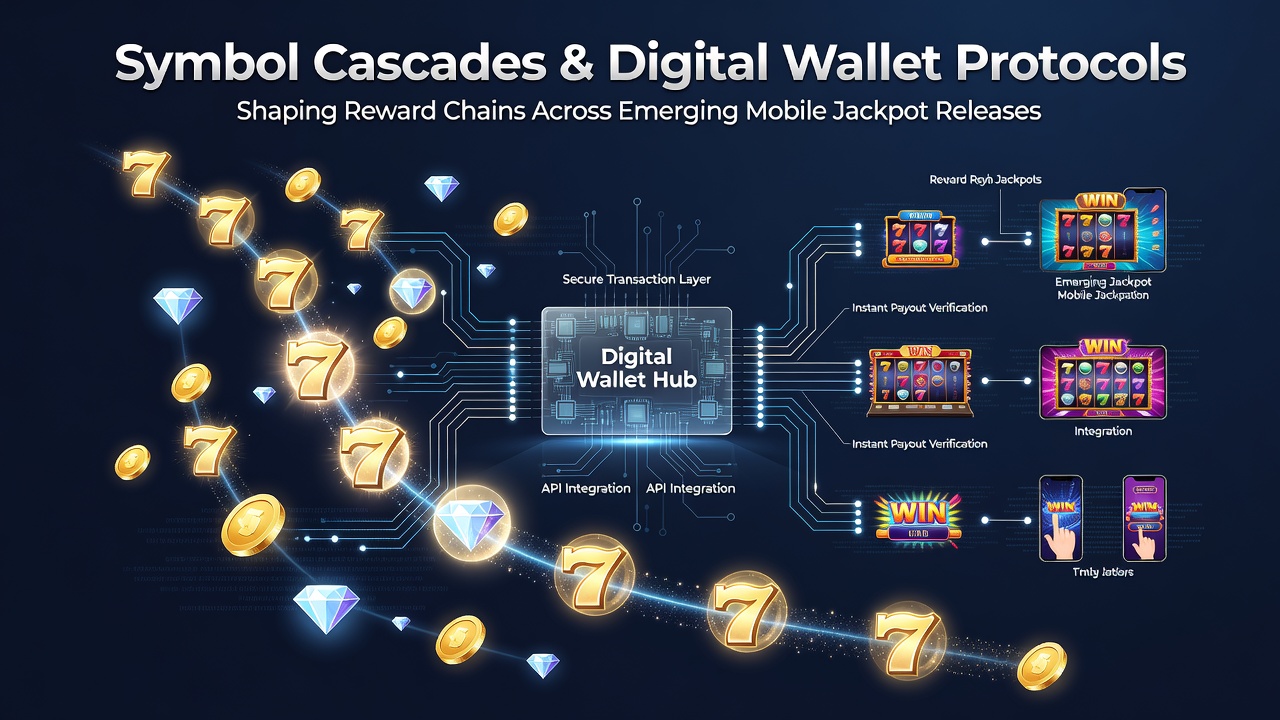 Visual representation of cascading symbols triggering chain reactions in a mobile jackpot slot interface with digital wallet integration icons