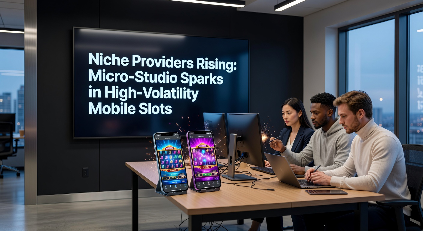 Dynamic illustration of small development teams crafting explosive high-volatility slot games optimized for mobile screens