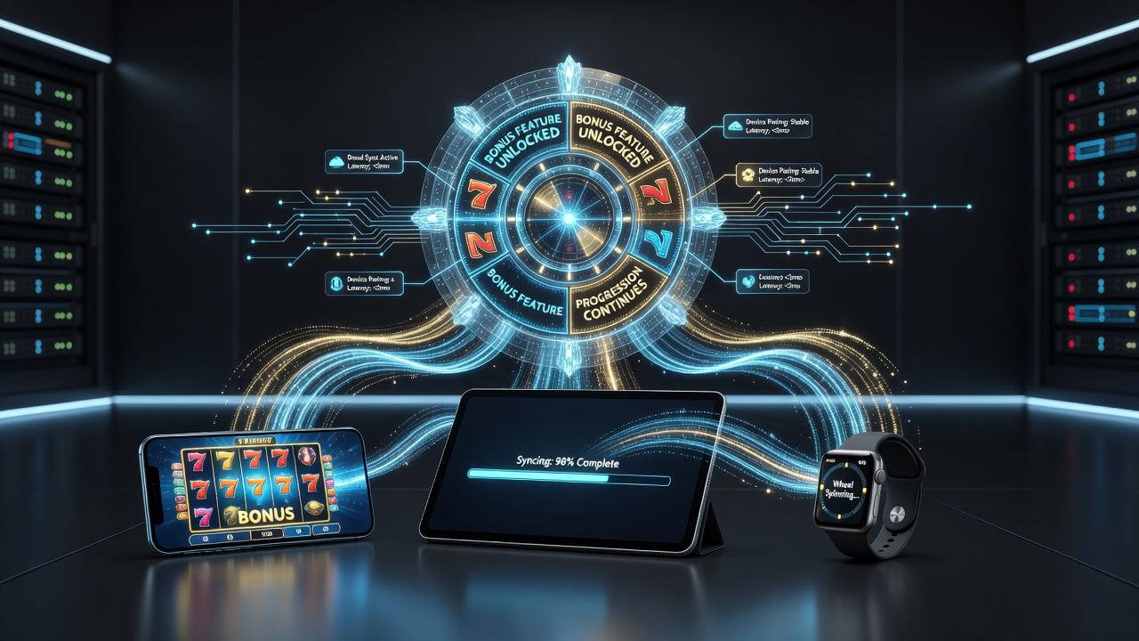 Illustration of multiple devices including smartphone, tablet and desktop displaying synchronized slot game interfaces with bonus progress indicators