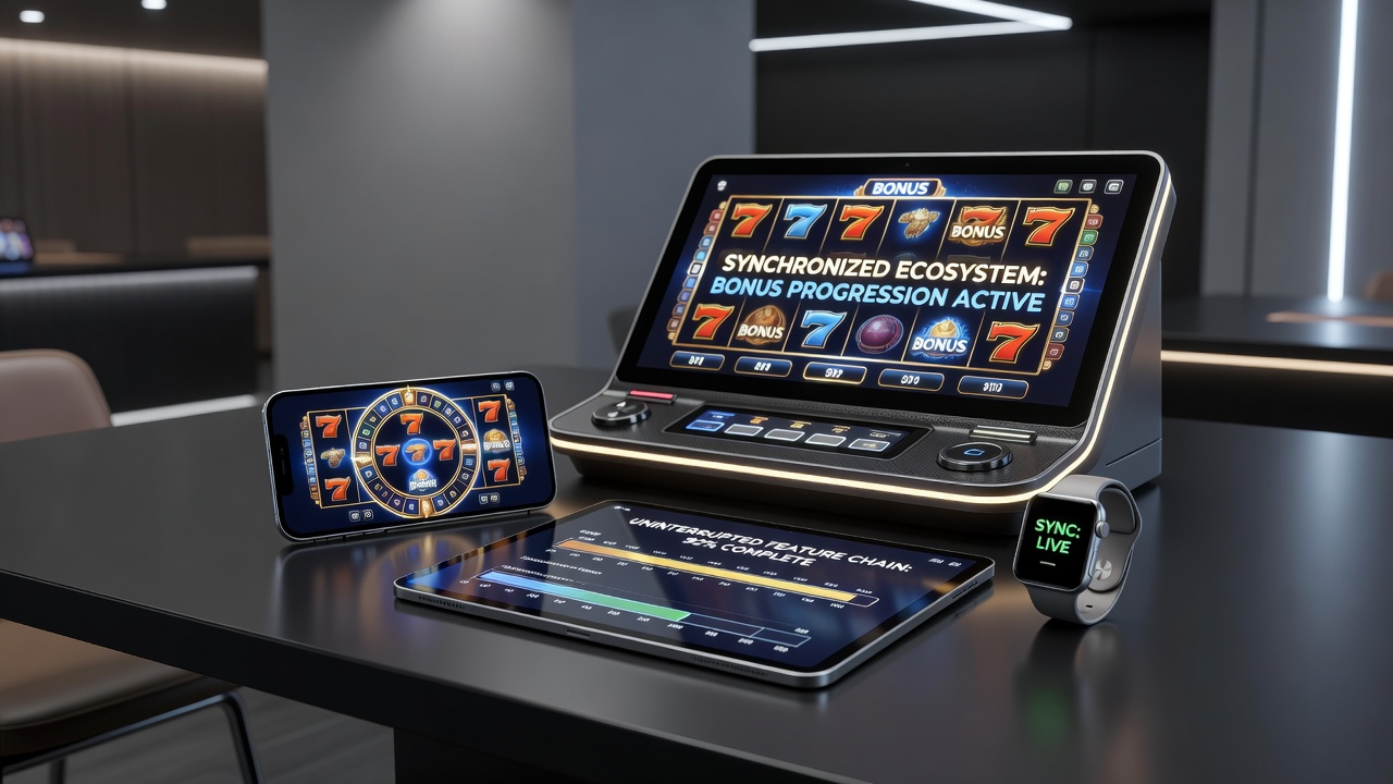 Close-up view of a player switching from mobile to desktop slot session with bonus meter remaining intact across screens