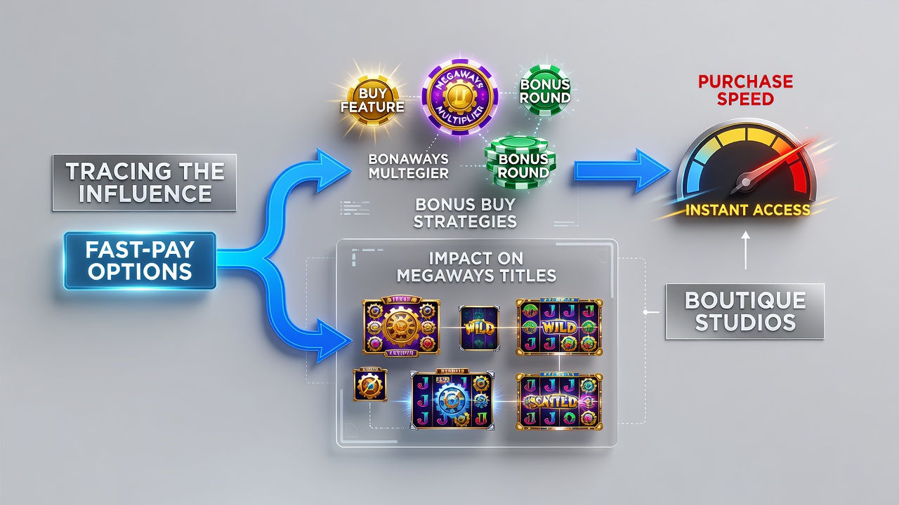 Illustration showing fast payment gateways integrated with Megaways slot interfaces from boutique developers