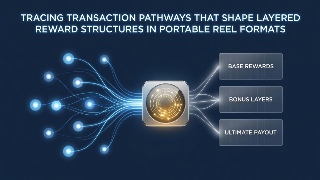 Illustration of transaction flows connecting mobile reel interfaces with layered reward mechanisms