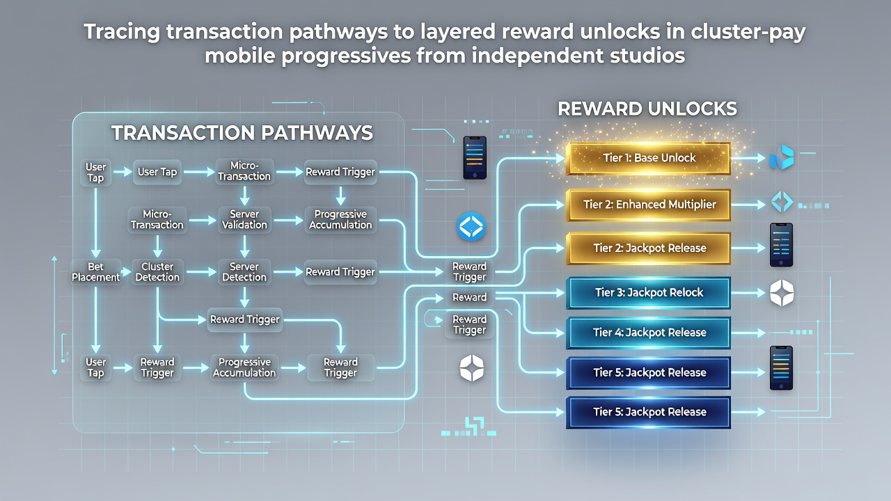 Mobile screen displaying cluster-pay progressive slot interface with transaction flow indicators