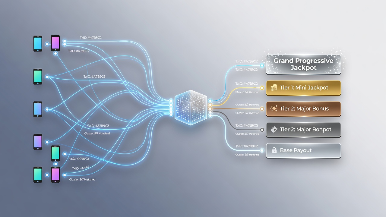 Diagram illustrating layered reward unlock pathways connected to cluster formations in mobile progressive slots