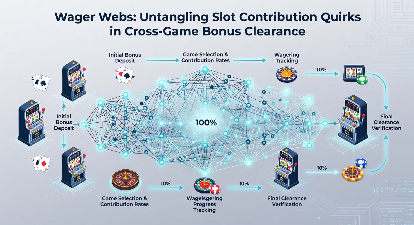 Close-up chart of slot contribution percentages weaving through a web-like structure, highlighting quirks in bonus buy features and cross-game linkages